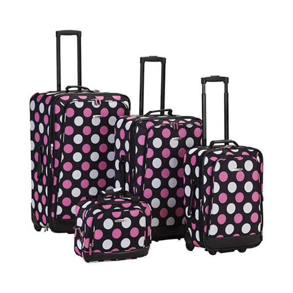 Rockland Escape 4-Piece Softside Upright Luggage Set, Telescoping Handles, Multi/Pink Dot