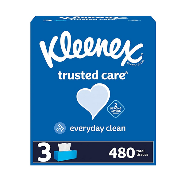 Pañuelos faciales Kleenex Trusted Care (3 cajas planas, 160 pañuelos por caja, 480 pañuelos en total)