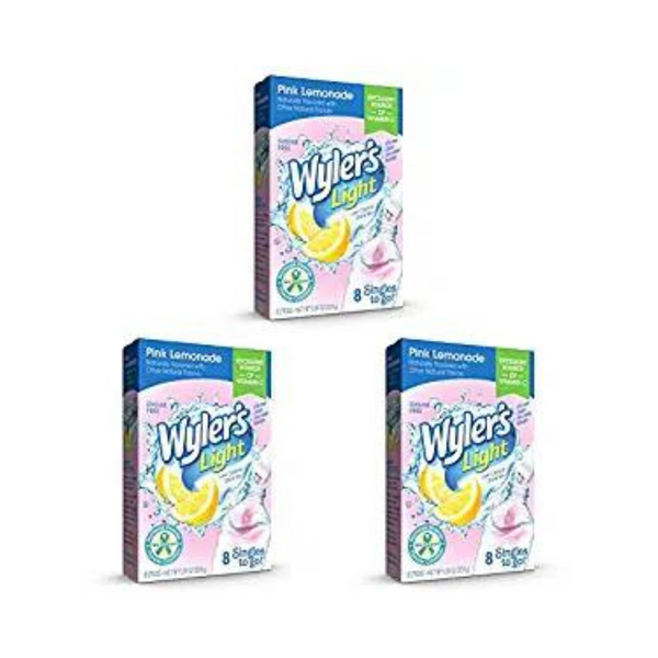 3 paquetes de mezcla de bebida en polvo Wyler's Light Singles To Go, limonada rosa