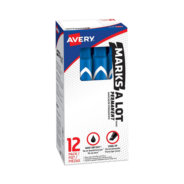 Paquete de 12 marcadores permanentes azules con punta de cincel Avery Marks-A-Lot