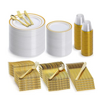Aozita 600 Pcs Gold Plastic Disposable Dinnerware Set for (Service for 100)
