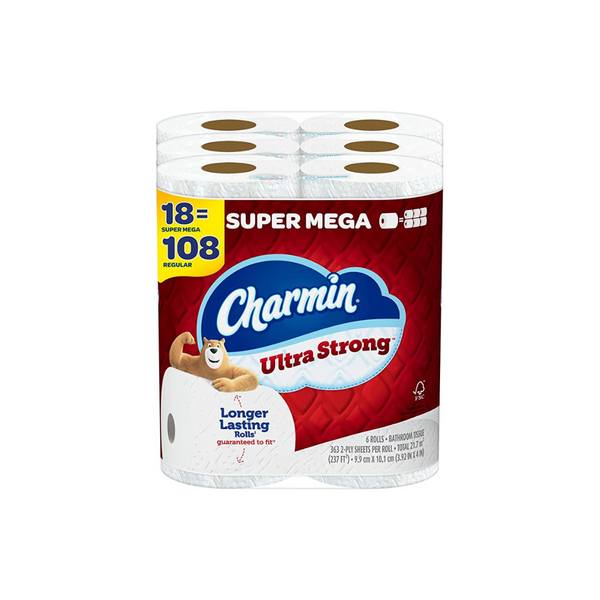 18 rollos Super Mega (= 108 regulares) de papel higiénico ultrafuerte Charmin