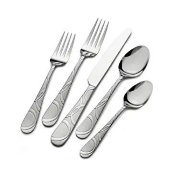 Pfaltzgraff Garland Frost Juego de cubiertos de acero inoxidable de 53 piezas, utensilios para servir y cuchillos para carne (servicio para 8)