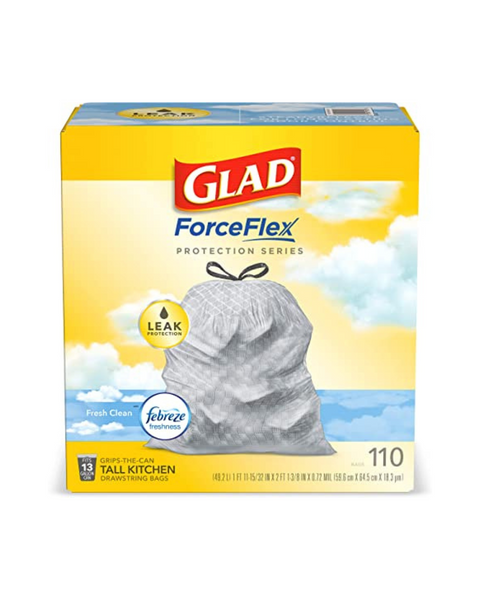 GLAD ForceFlex Tall 13 Gallon Kitchen Drawstring Trash Bags, Fresh Clean with Febreze (110 Count)
