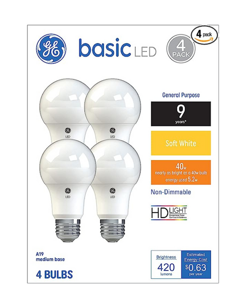 4 Pack GE Basic LED 40 Watt Eqv, Soft White, A19 Standard Bulbs