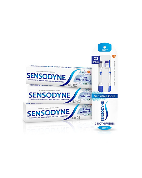 3-Pack of Sensodyne Extra Whitening Toothpaste with 2-Ct Soft Sensitive Care Toothbrushes