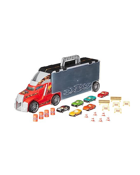 Amazon Basics Camión portacoches de juguete con almacenamiento (vehículos fundidos a presión de 6 piezas y 16 accesorios)