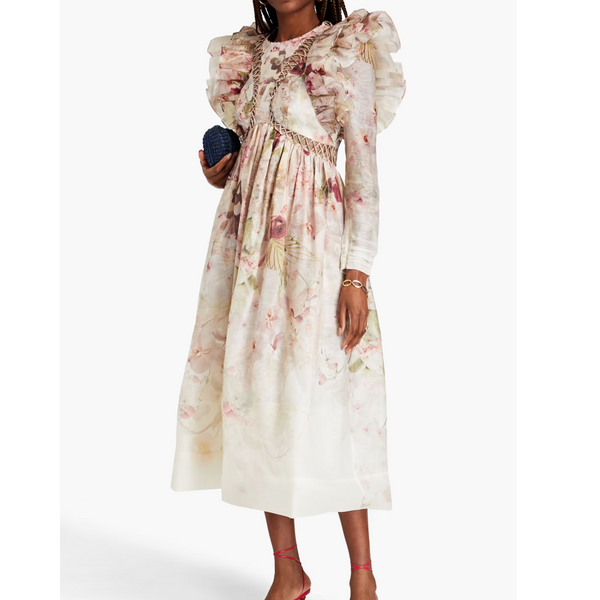 Zimmermann Ruffled Floral Print Linen Silk-Blend Dress