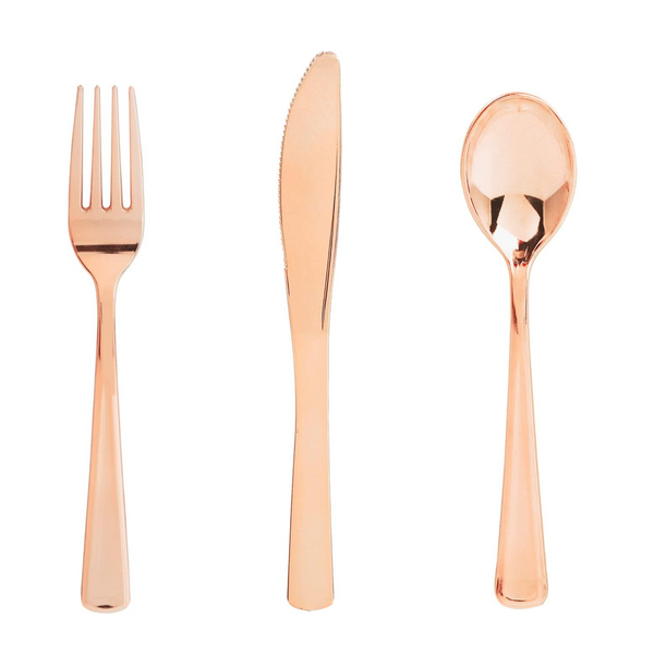 Juego de cubiertos de plástico de oro rosa de 300 piezas