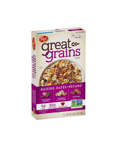 Post Great Grains Cereal integral con pasas, dátiles y nueces pecanas