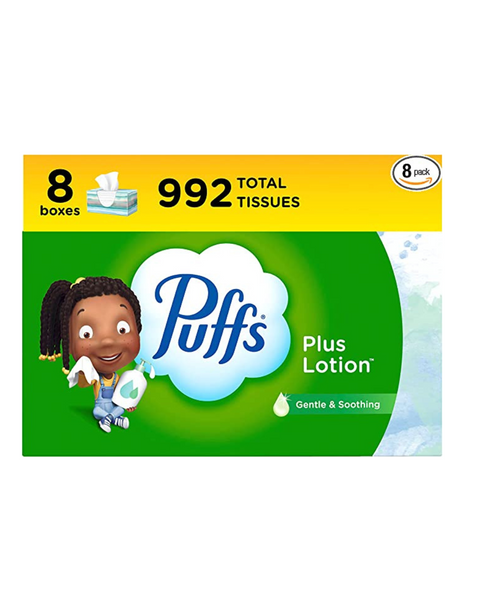 Obtenga 24 cajas familiares de pañuelos faciales en loción Puffs Plus de 124 unidades