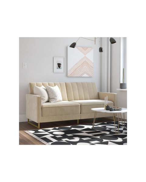 Novogratz Skylar Coil Futon, Modern Sofa Bed and Couch, Ivory Velvet