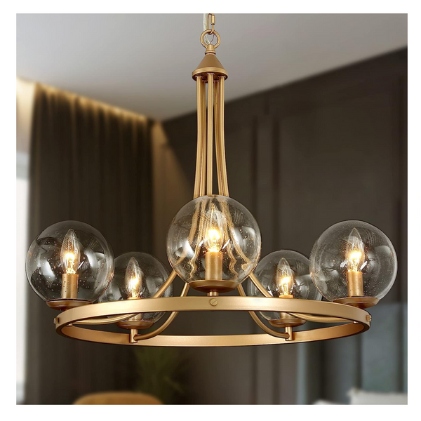 Modern Chandelier Pendant 5 Seeded Glass Globe Shades