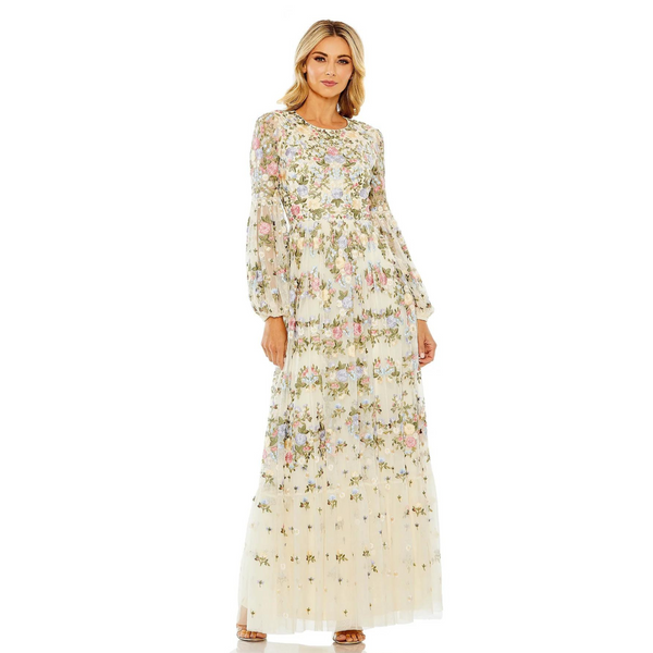 Vestido de manga abullonada con bordado floral y cuello alto de Mac Duggal (2 COLORES)