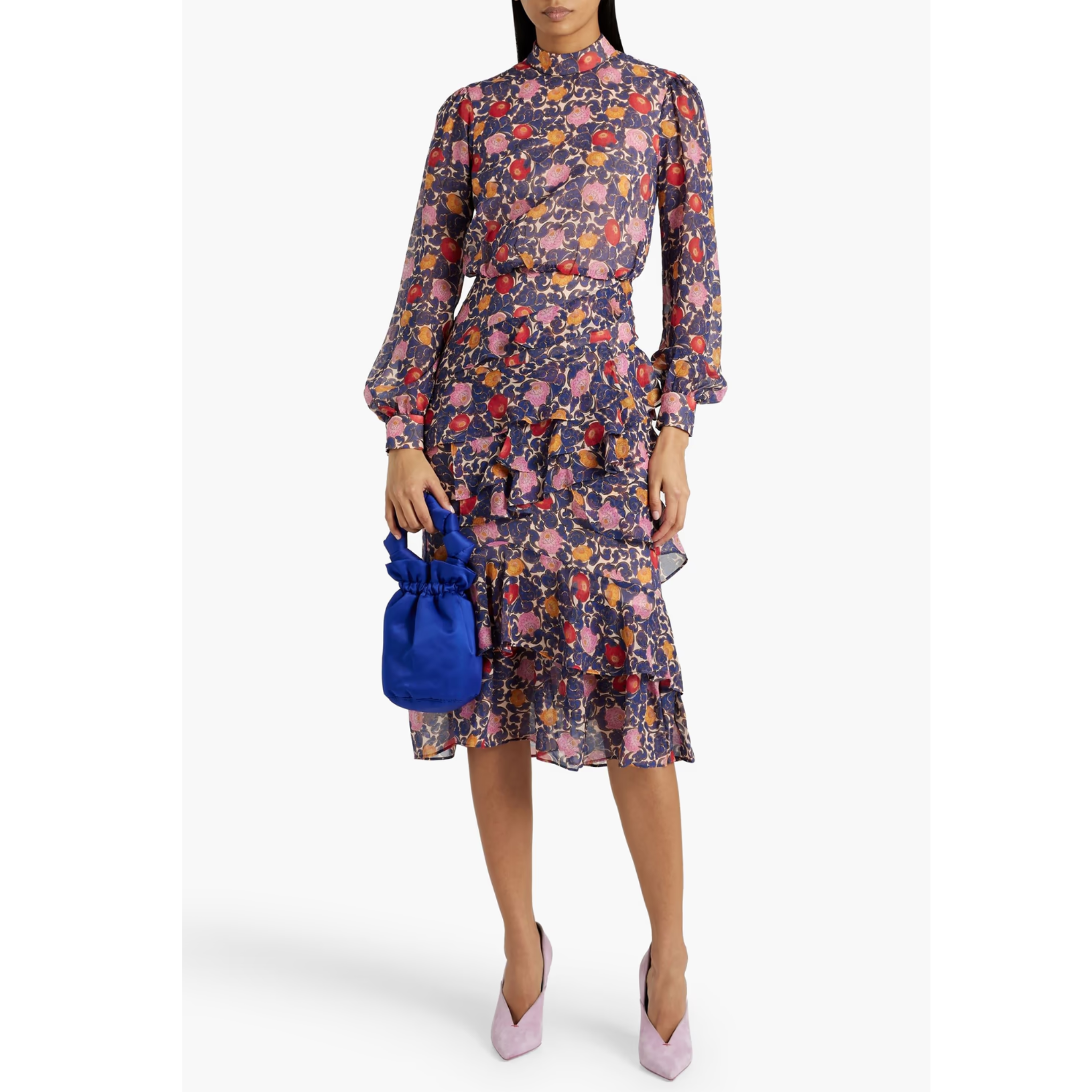 Saloni Isa Ruffle Floral Silk Dress