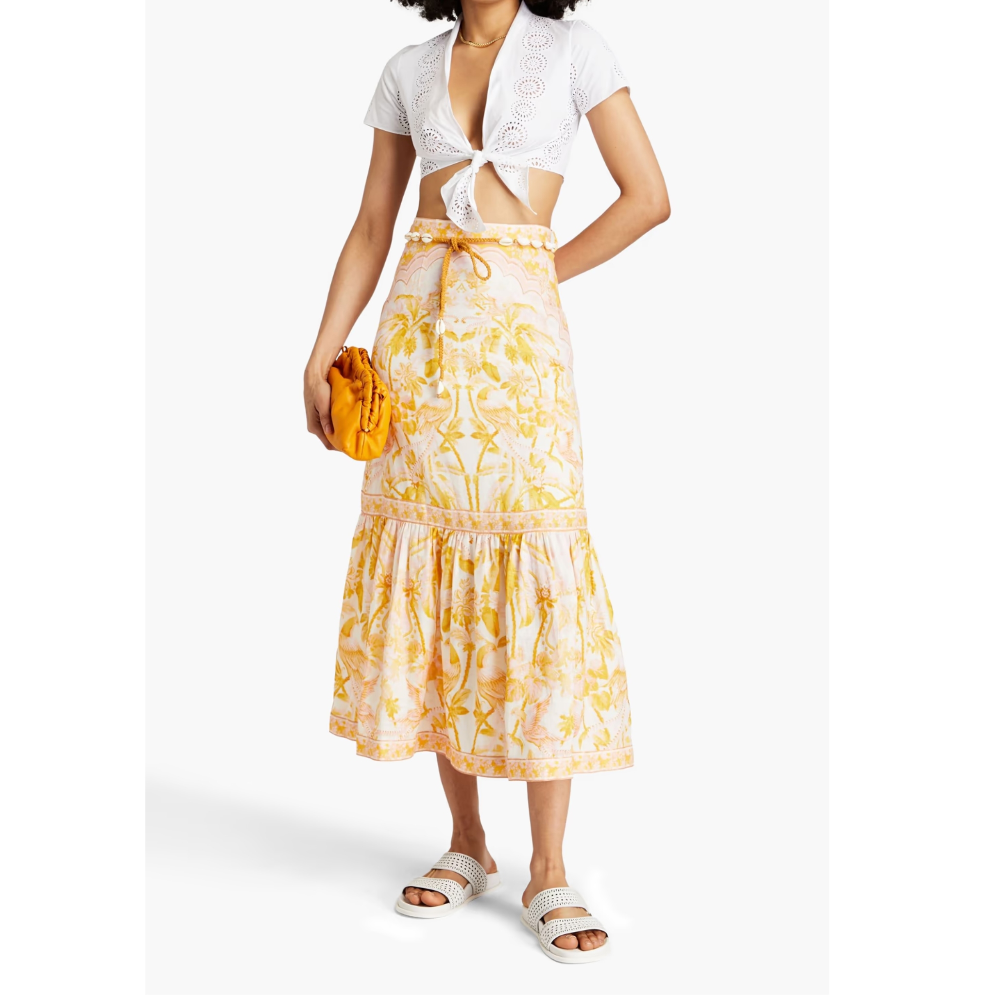 Zimmermann Belted printed linen midi skirt