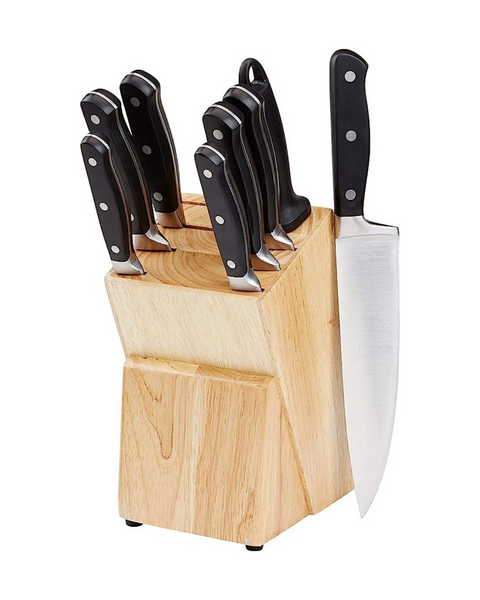 Amazon Basics Juego de 9 cuchillas de acero inoxidable con alto contenido de carbono de primera calidad para cocina con bloque de cuchillos de madera de pino