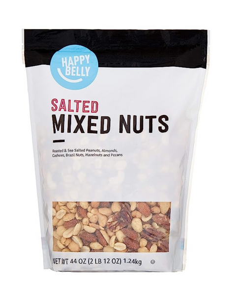 5 bolsas de nueces mixtas Happy Belly de la marca Amazon, tostadas y saladas (44 onzas)
