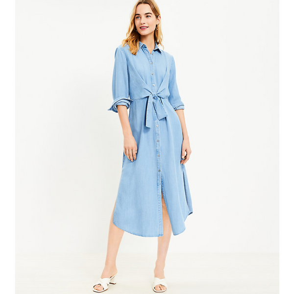 Vestido camisero midi de cambray con nudo en la parte delantera de LOFT