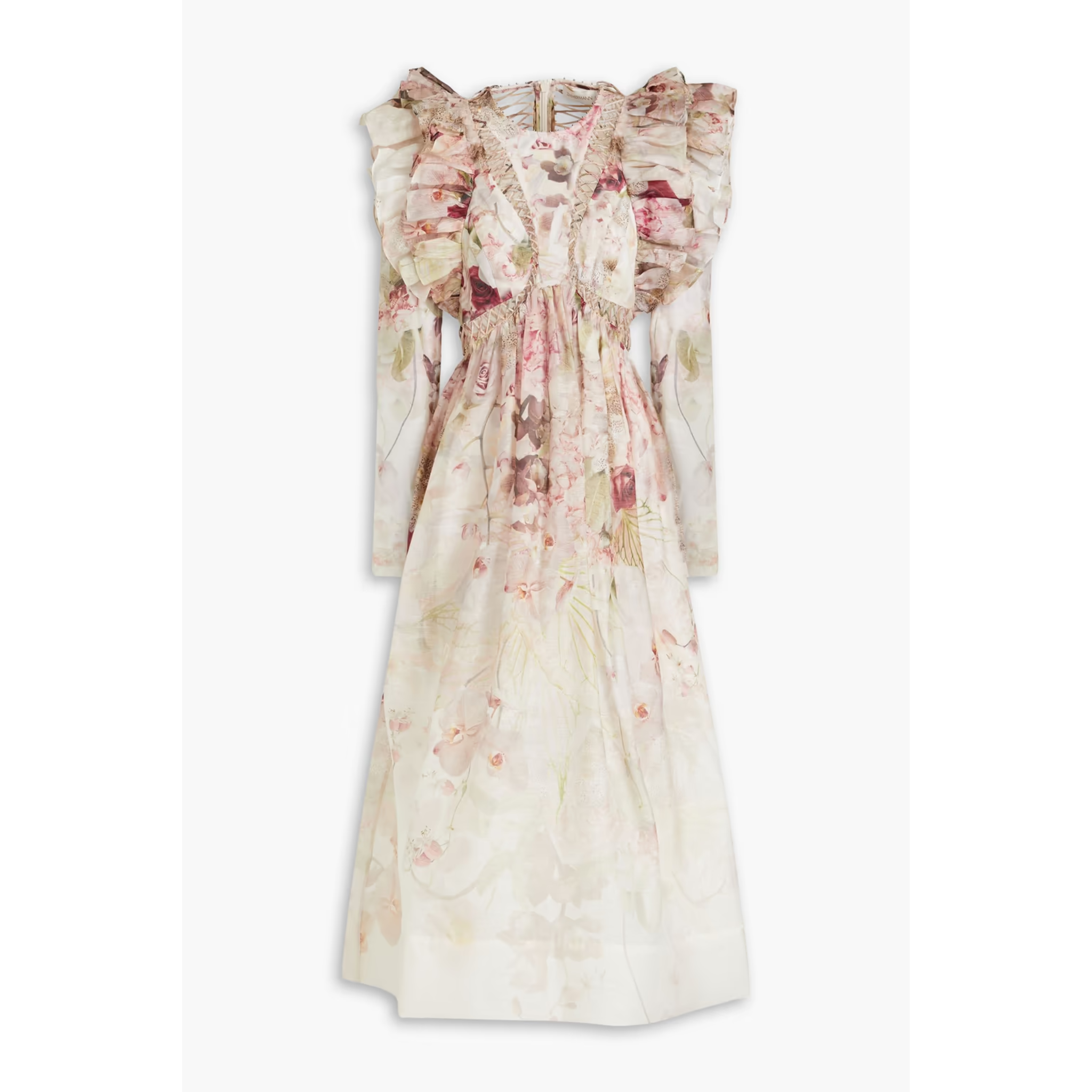 Zimmermann Ruffled Floral Linen Silk Midi Dress