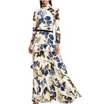 JOHANNA ORTIZ Vestido largo floral de seda con volantes escalonados y manga larga