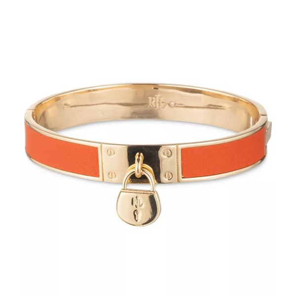 LAUREN RALPH LAUREN Pulsera tipo brazalete con candado de cuero en tono dorado