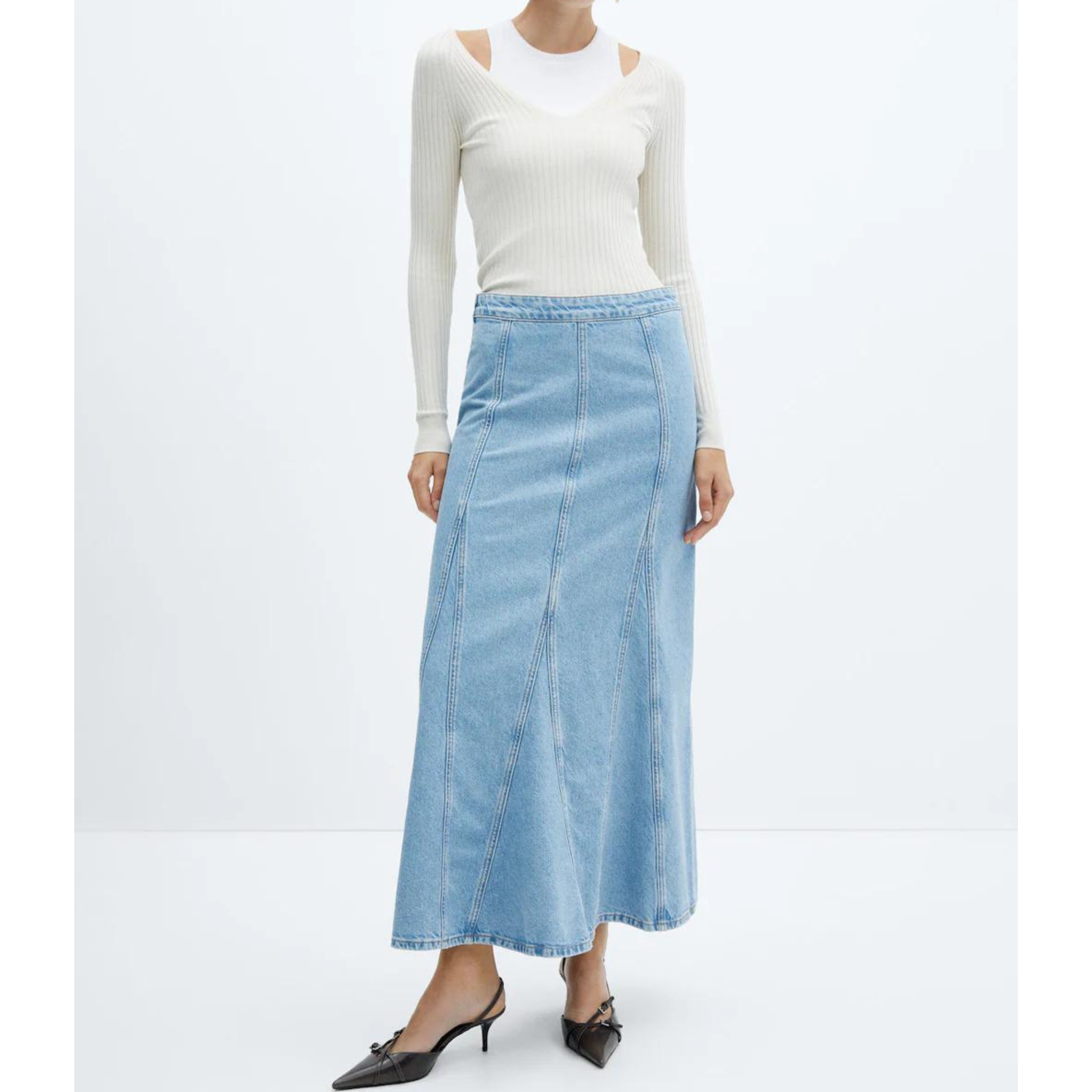 Mango Long denim skirt with seams