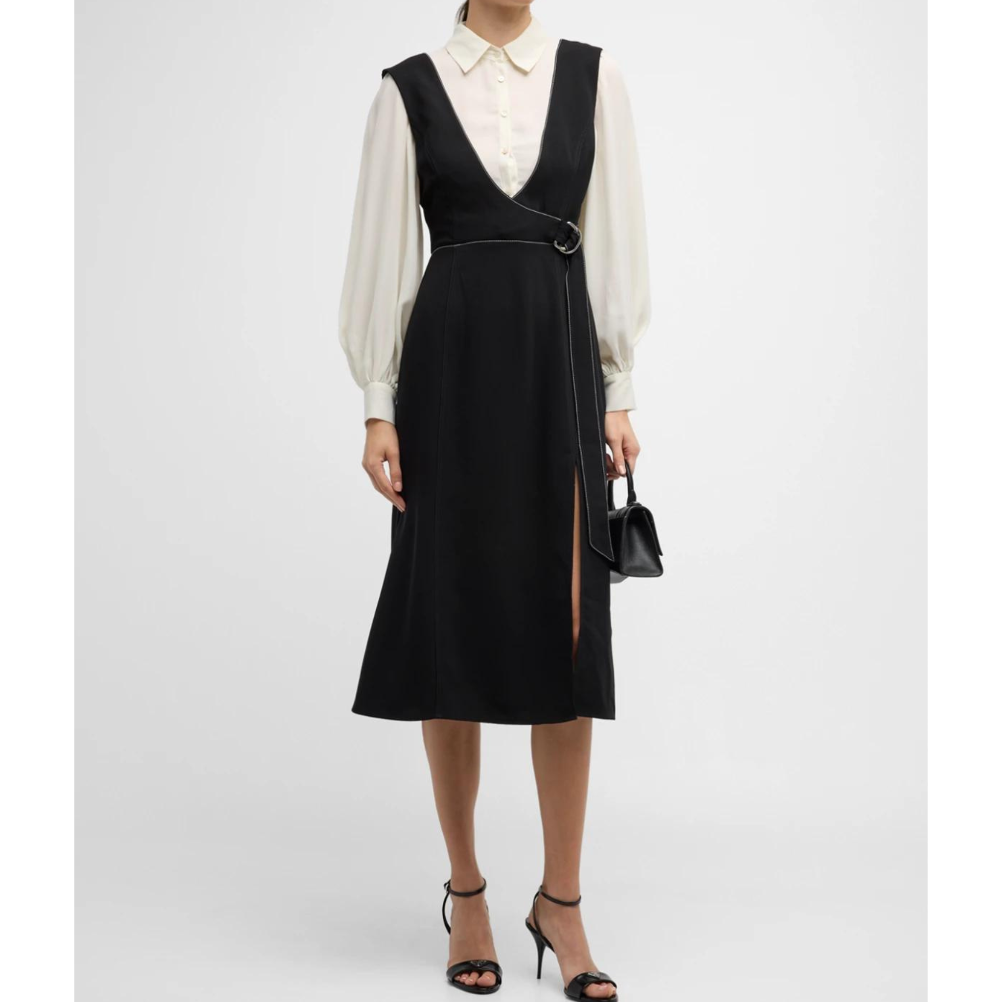 Cinq A Sept Belted Midi Combo Crepe Shirtdress