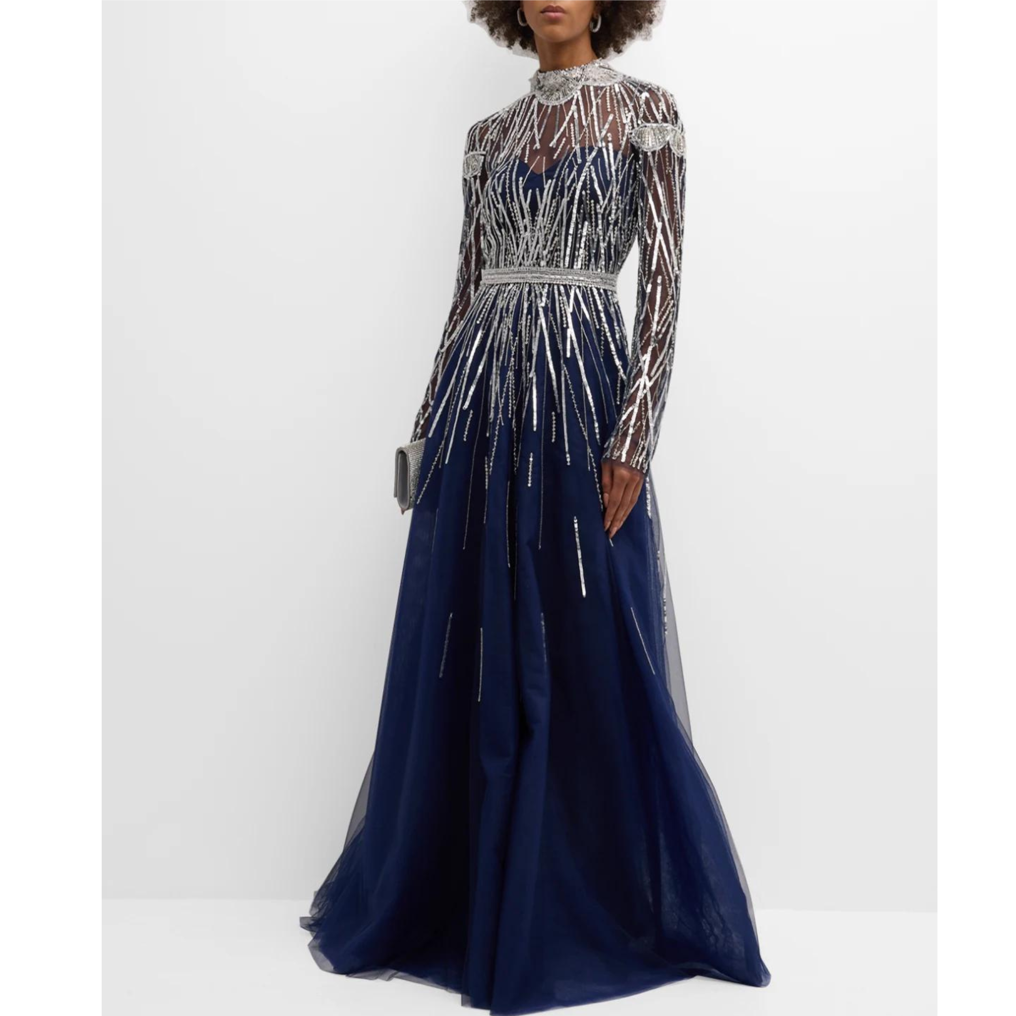 Pamella Roland Linear Sequin Embroidered Tulle Long-Sleeve Illusion Gown