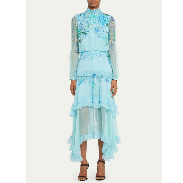 SALONI Vestido midi de seda floral Jolie-C con volantes escalonados