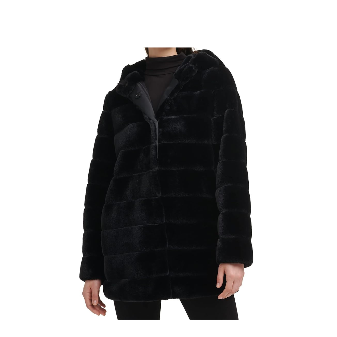 Kenneth Cole Women's Classic Mink Style Faux Fur Coat (Black, Large)