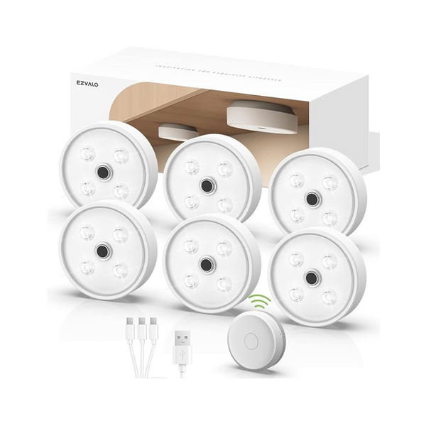 Paquete de 6 luces LED de disco recargables Ezvalo con control remoto