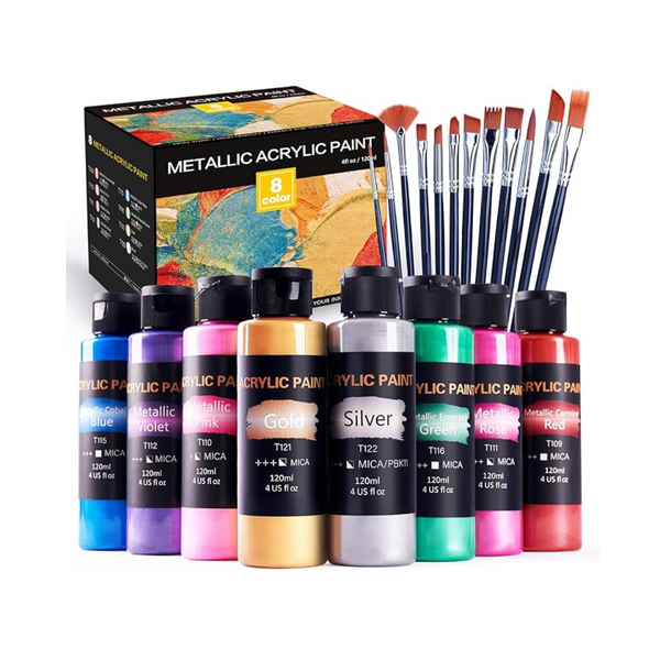 Set de Pintura Acrílica Metálica Tmol con 12 Pinceles y 8 Colores