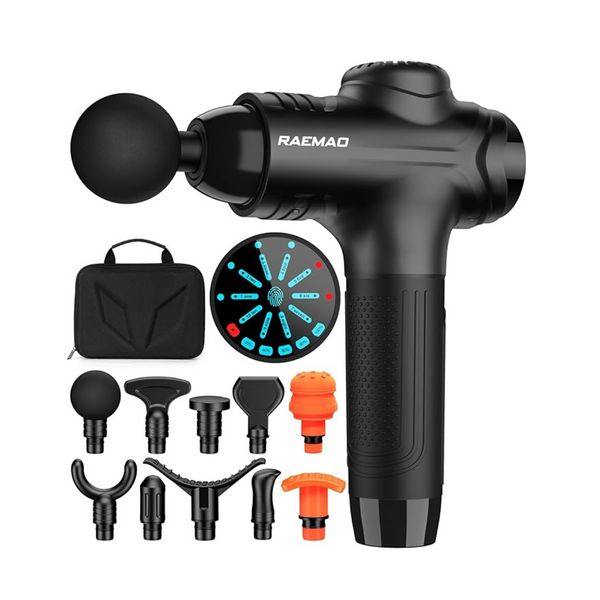 Masajeador de percusión de tejido profundo RAEMAO con 10 velocidades y pantalla LED