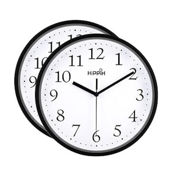 Paquete de 2 relojes de pared silenciosos redondos Hippih de 10" con pilas