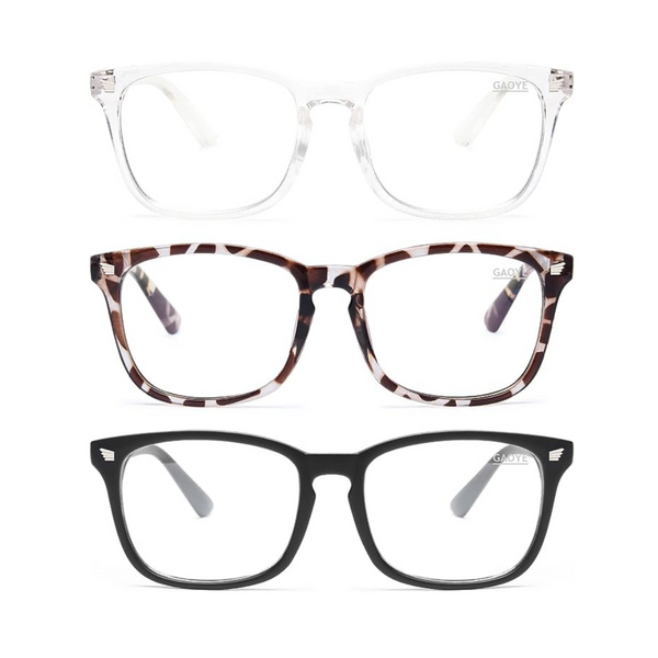 3-Pack Unisex Fashion Square Fake Blue Light Blocking Glasses
