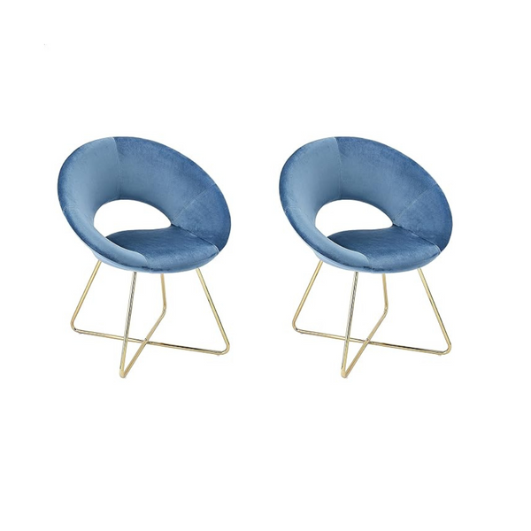 Juego de 2 sillas modernas tapizadas en terciopelo con patas doradas, azul