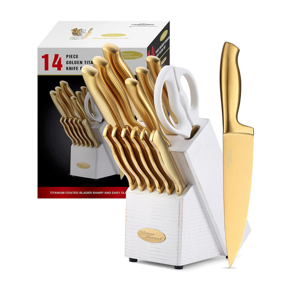 14-Piece Titanium Coated Stainless Steel Kitchen Knife Set with Block