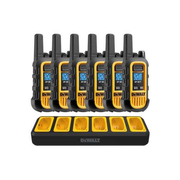 Paquete de 6 walkie talkies Dewalt de alta resistencia con cargador de grupo