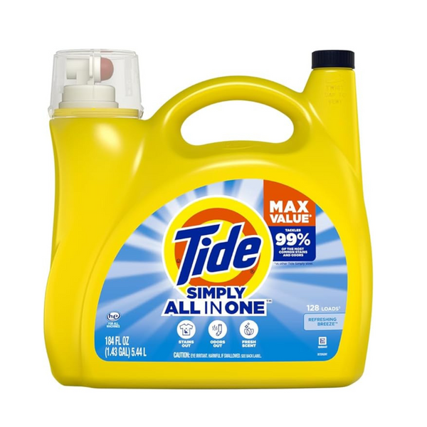 128 Loads Tide Simply Liquid Laundry Detergent, Refreshing Breeze, 184 Oz