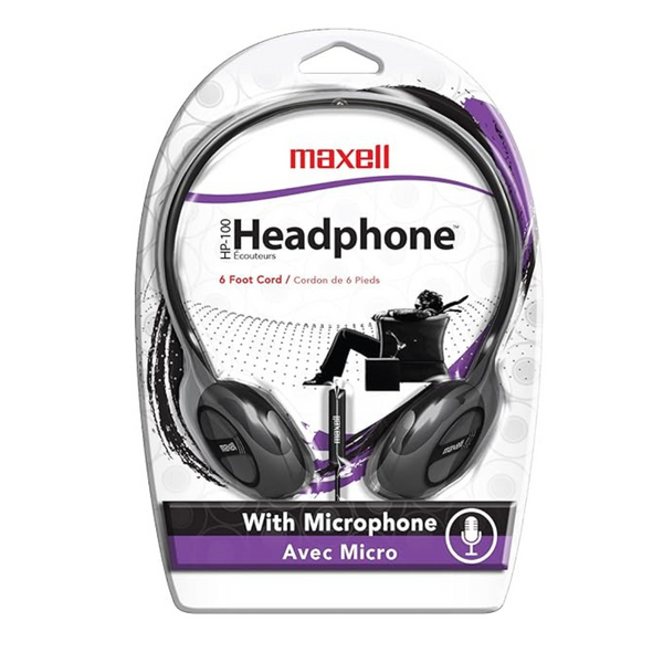 Maxell HP-100 6 pies. Auriculares supraaurales ajustables con cable y micrófono
