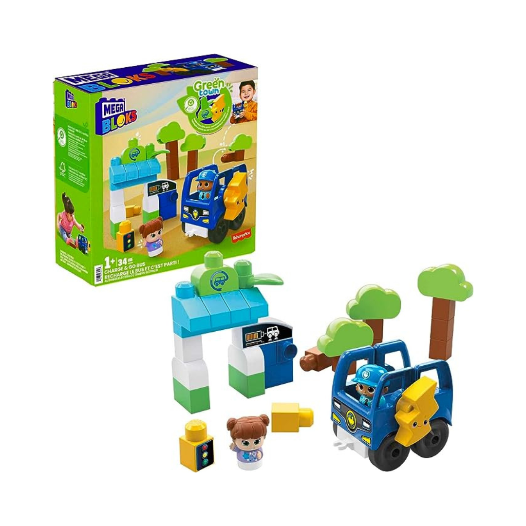 Fisher-Price Toddler Building Blocks, Green Town Charge & Go Bus with 34 Pieces