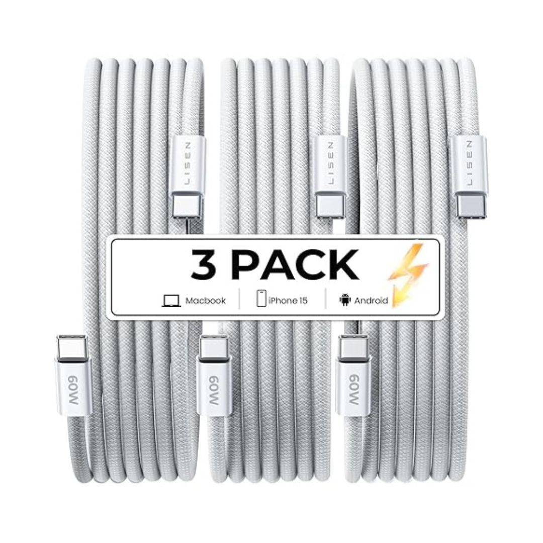 3-Pack 6.6ft Apple Certified 60W USB-C to USB-C Charging Cables