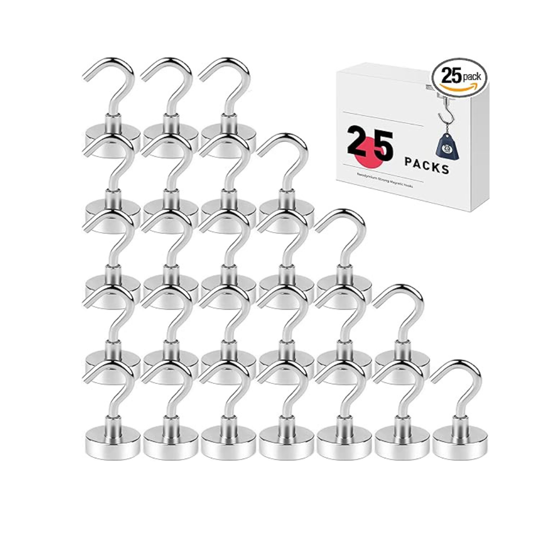 25-Pack Rare Earth Heavy Duty Magnetic Hooks with Hook, 25Lbs