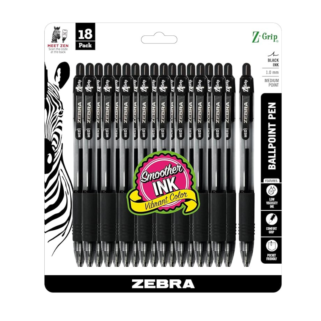 18Count Zebra Pen ZGrip 1.0mm Retractable Medium Ballpoint Pens