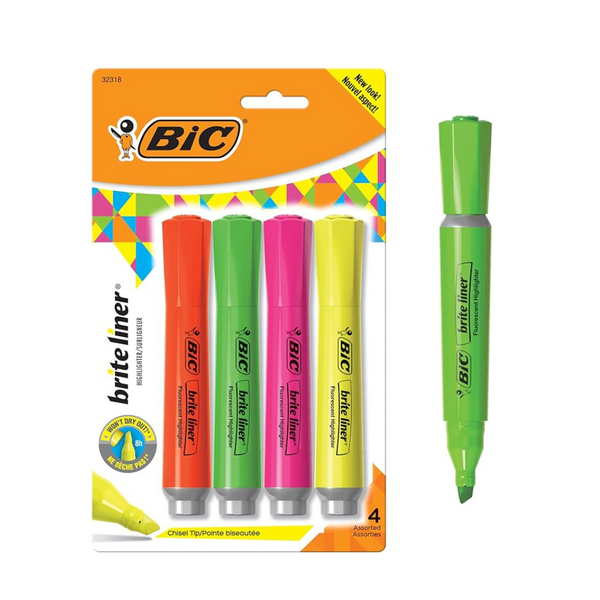 BIC Brite Liner Highlighter with Rubber Grip, Chisel Tip, Assorted (Pack of 4)