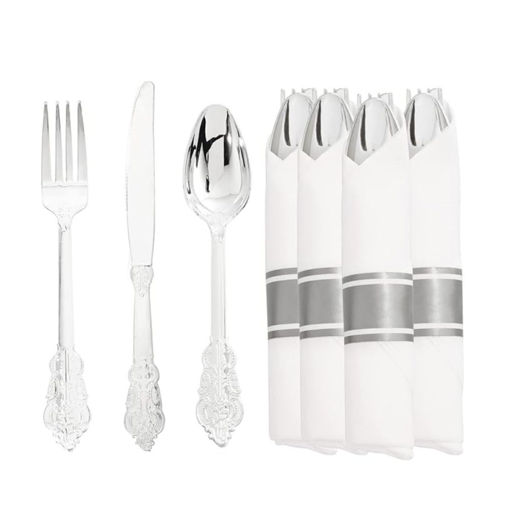 30 Pack Silver Plastic Silverware Set with Pre Rolled Napkins