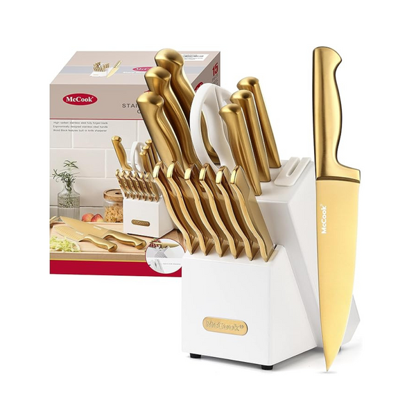 McCook MC21G 15-Pieces Luxury Golden Titanium Kitchen Knife Block