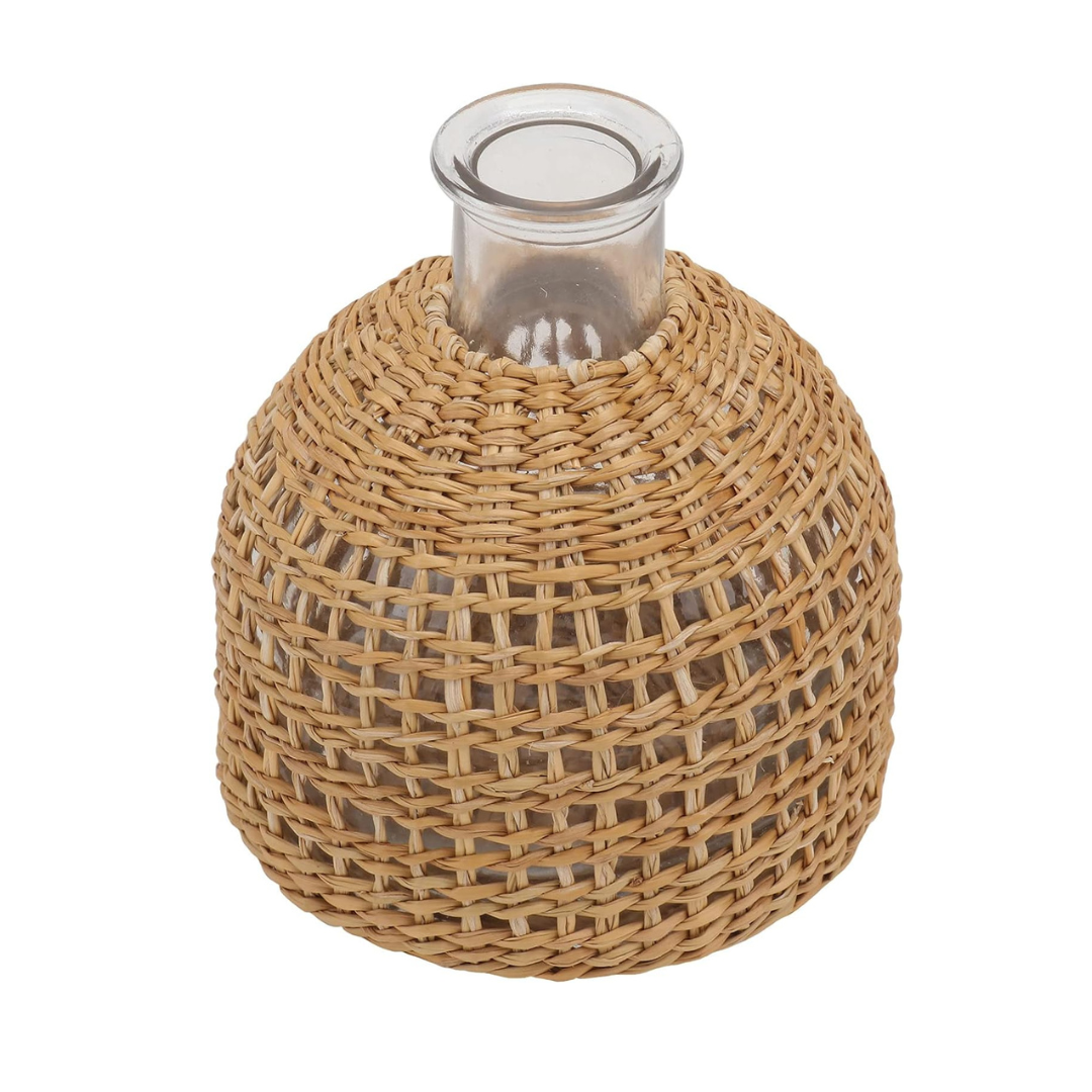 Pretyzoom Rattan Wire Wrapped Rustic Glass Rope Flower Bottle Vase