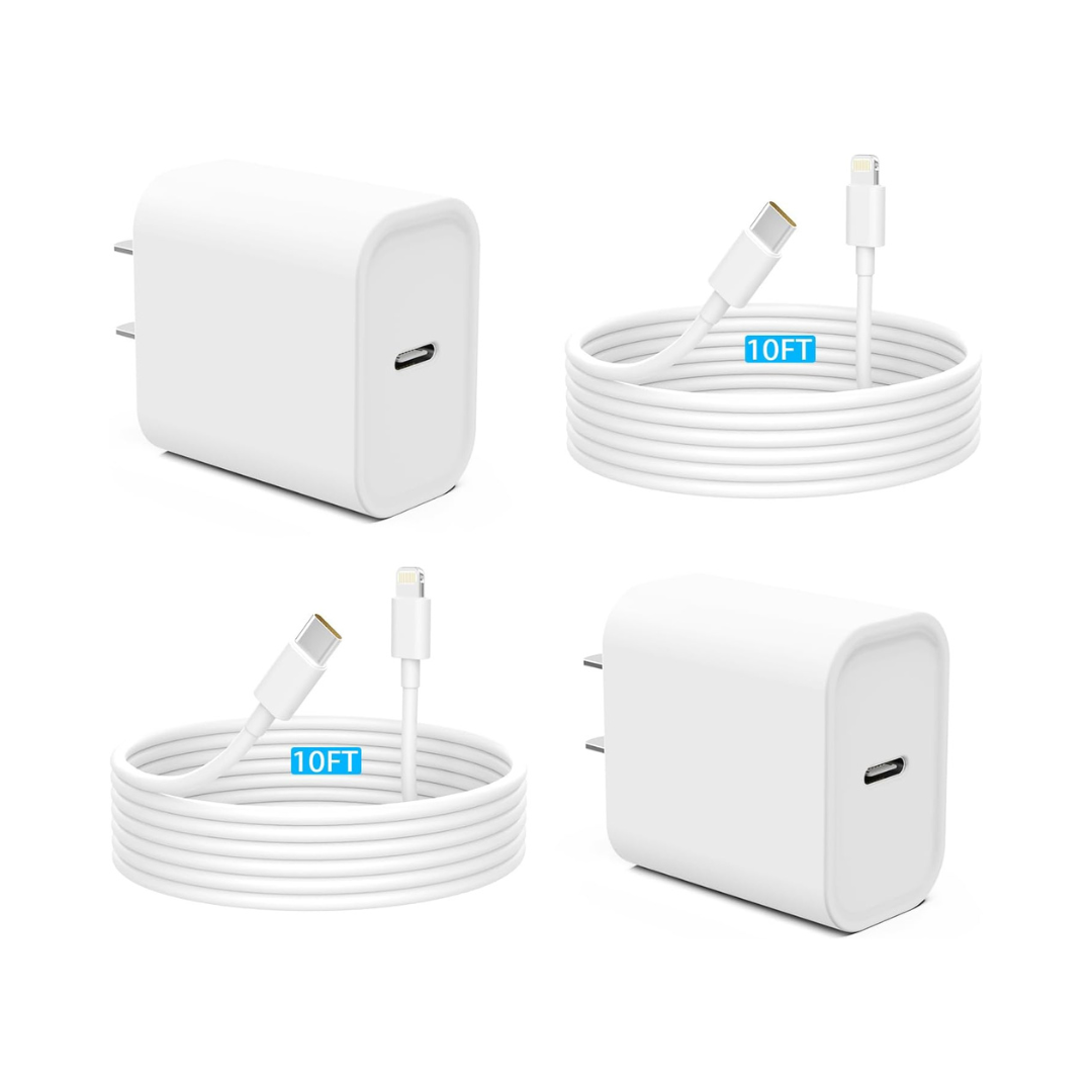 2-Pack 20W Pd Usb-C Wall Charger Adapter with 2-Pack 10ft Cable